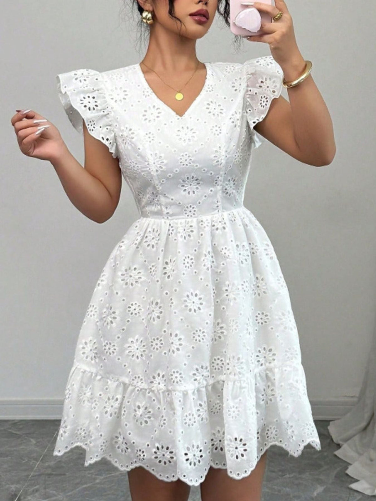 Eyelet Ruffle Sleeve Mini Dress