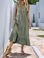 Notched Sleeveless Midi Tiered Dress