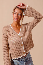 SO ME Open Knit Light Weight Sweater Cardigan With Contrast Wavy Scallop Edge