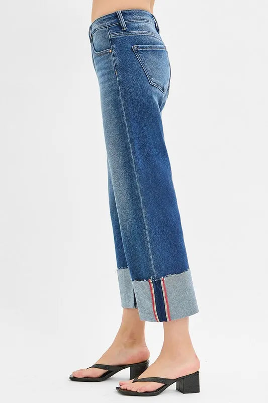 RISEN Full Size Tummy Control Mid Rise Crop Wide Cuffed Jeans Plus Size - Ladyez