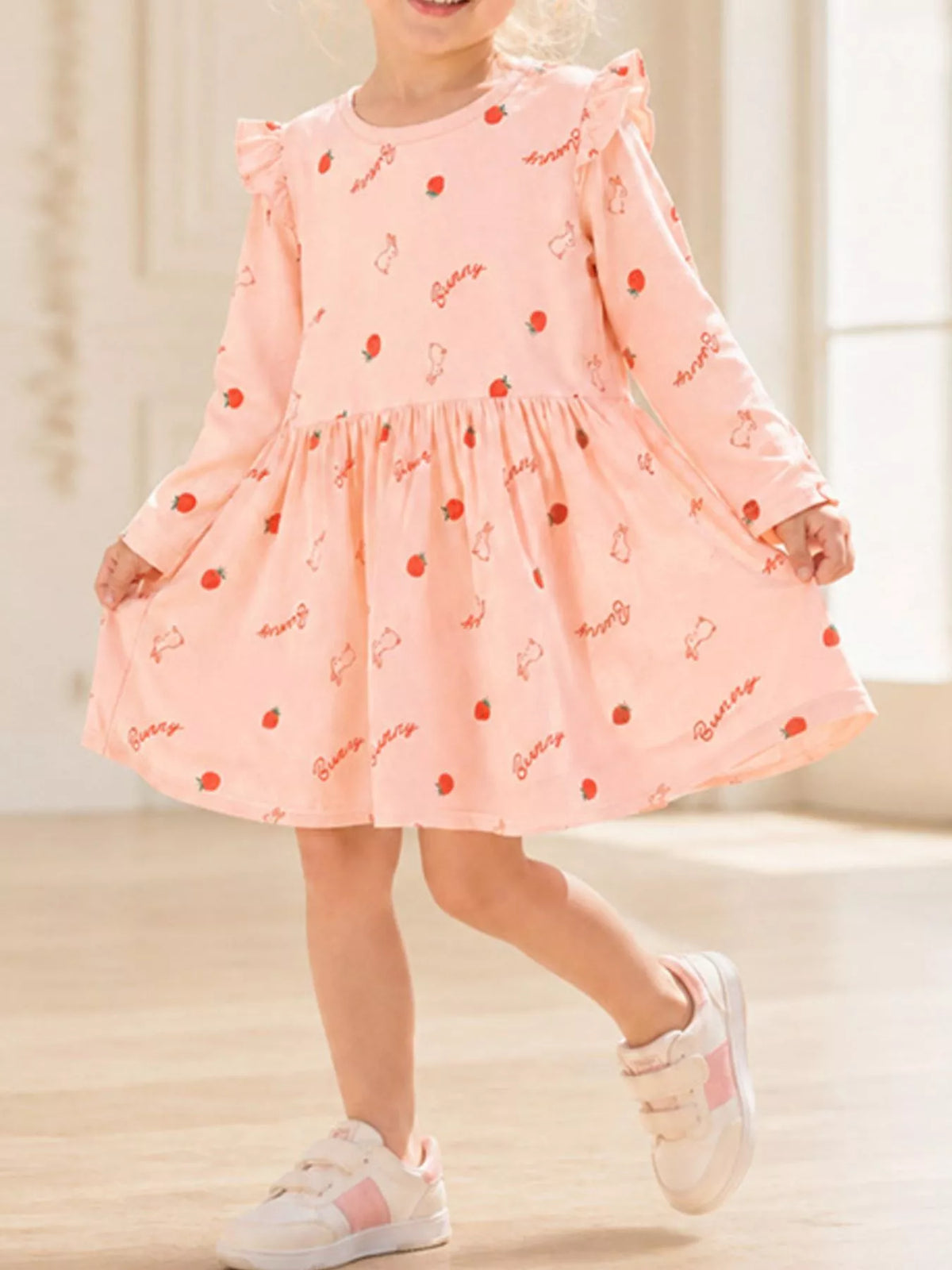 Children's Strawberry and Bunny Print Ruffled Long-Sleeve A-Line Dress