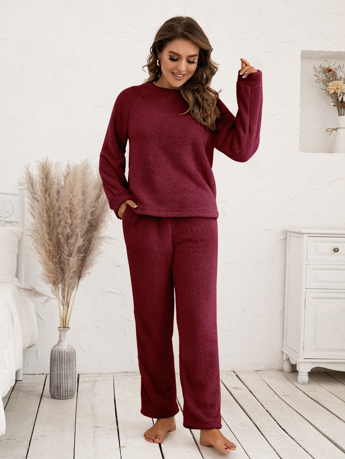 Ivy Lane Teddy Long Sleeve Top and Pants Lounge Set - Ladyez