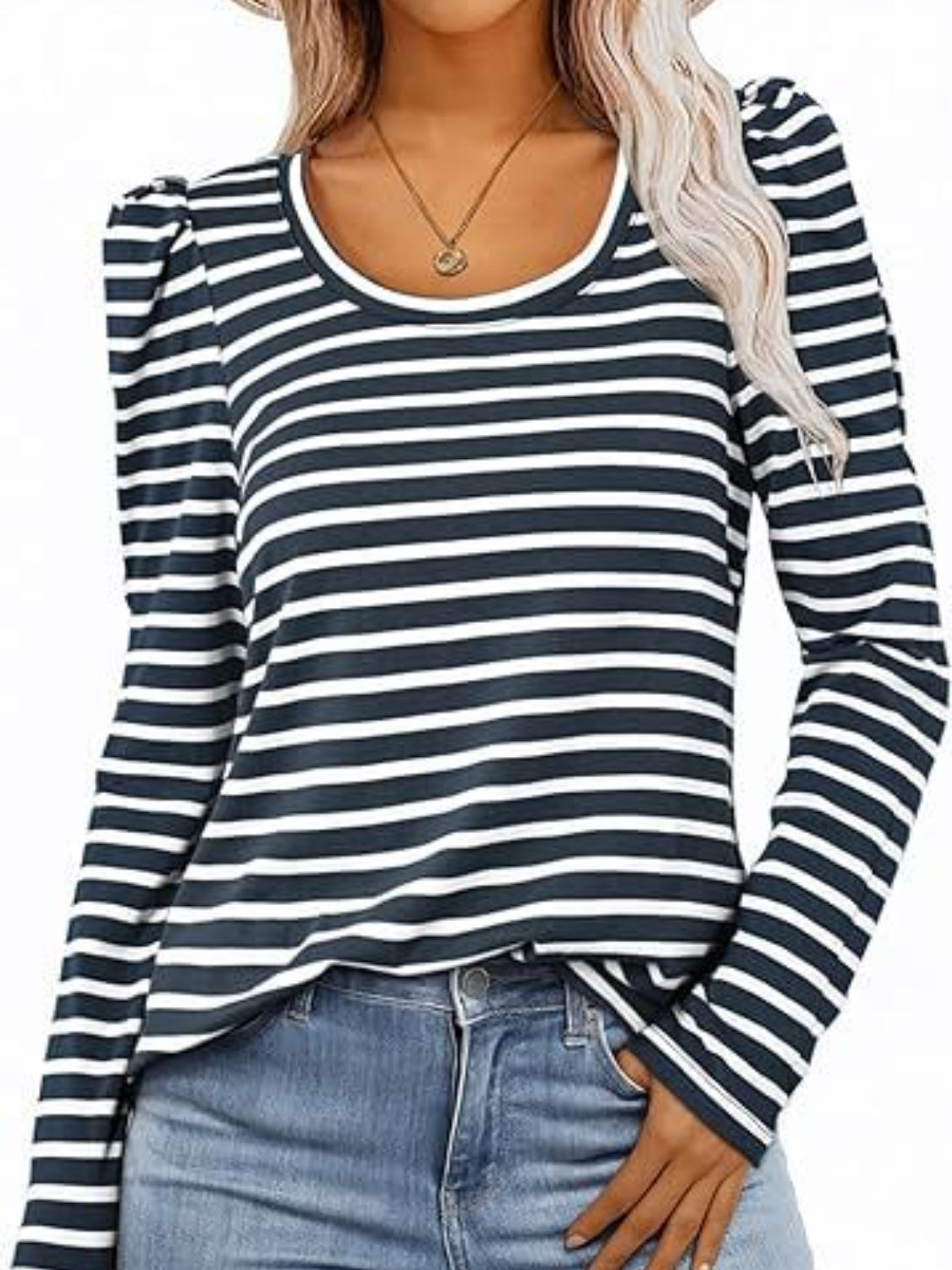 Striped Round Neck Long Sleeve T-Shirt - Ladyez