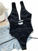 Ribbed Lace Up One-Piece Swimsuit - Ladyez