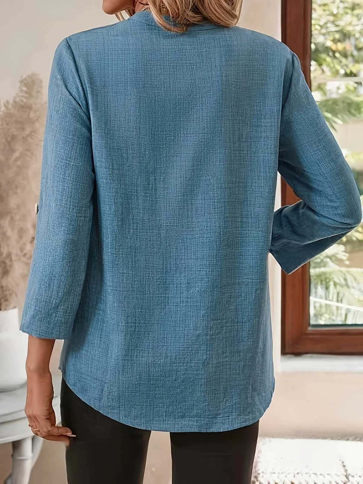 Notched Roll-Tab Sleeves Blouse - Ladyez
