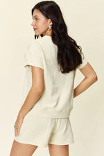 Double Take Full Size Texture Short Sleeve T-Shirt and Drawstring Shorts Set - Ladyez
