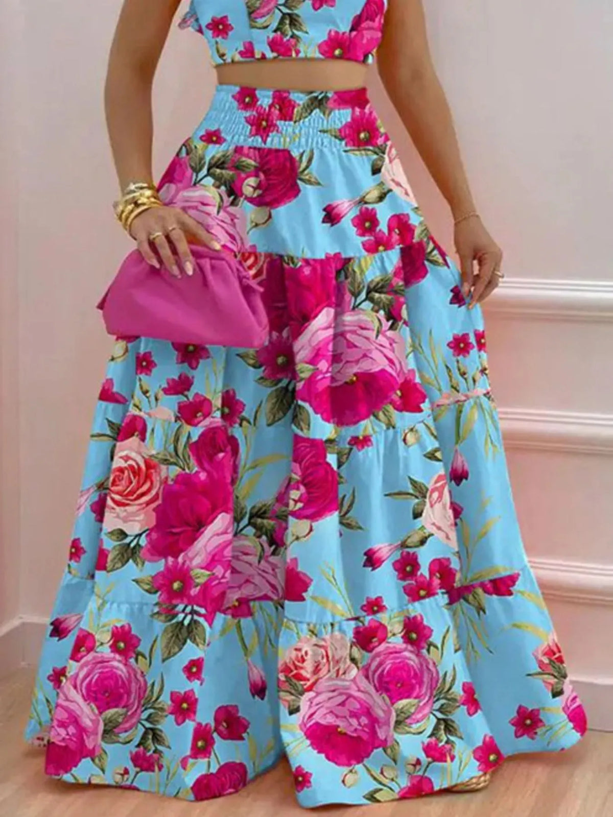 Full Size Ruffled Cami and Tiered Maxi Skirt Set Plus Size - Ladyez