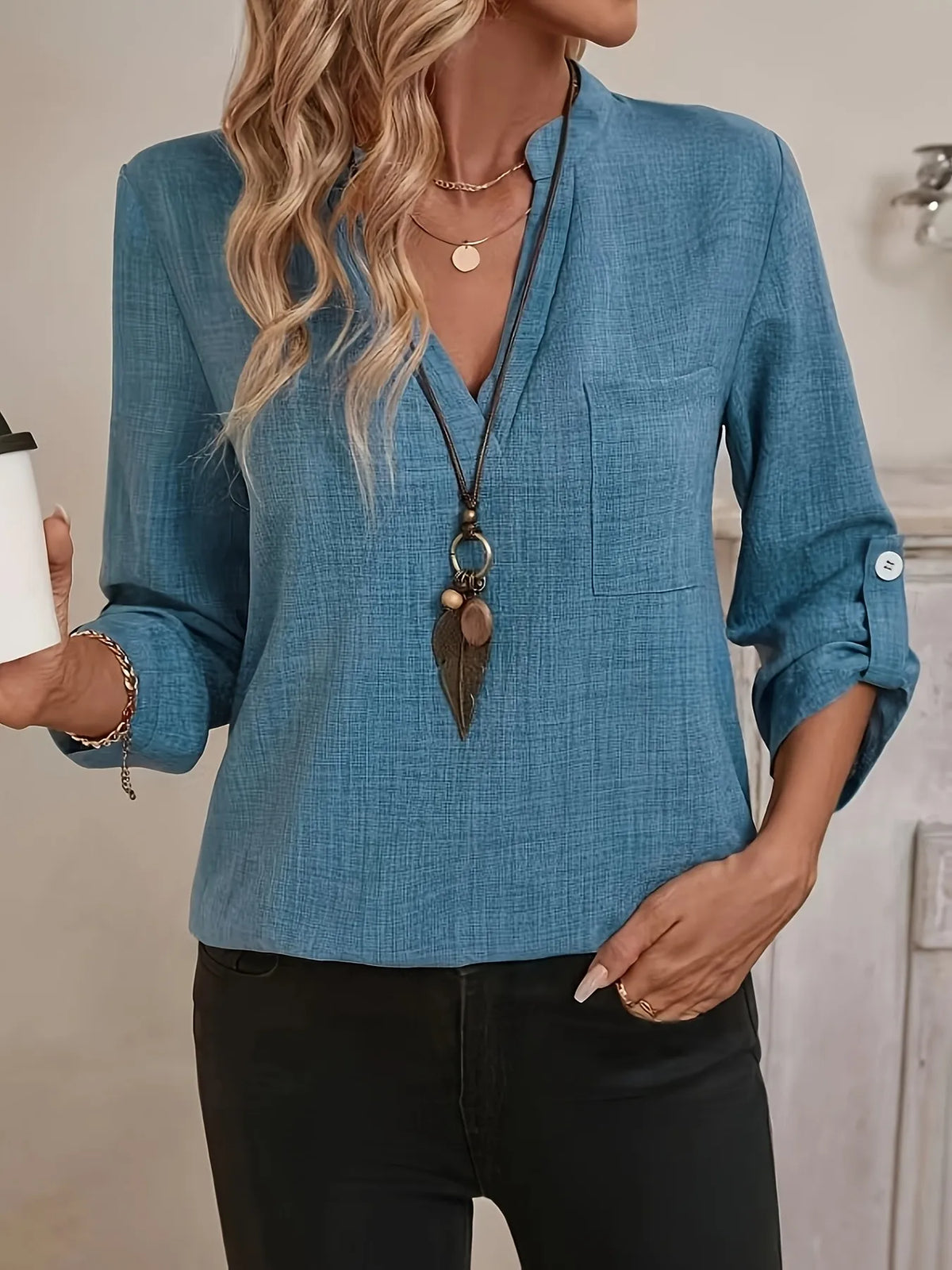 Notched Roll-Tab Sleeves Blouse - Ladyez