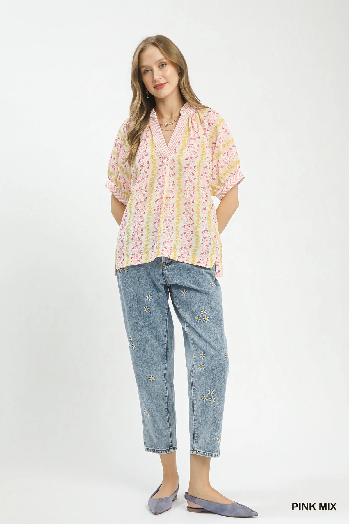 Umgee Mix Print Boho Blouse with Contrast Trim