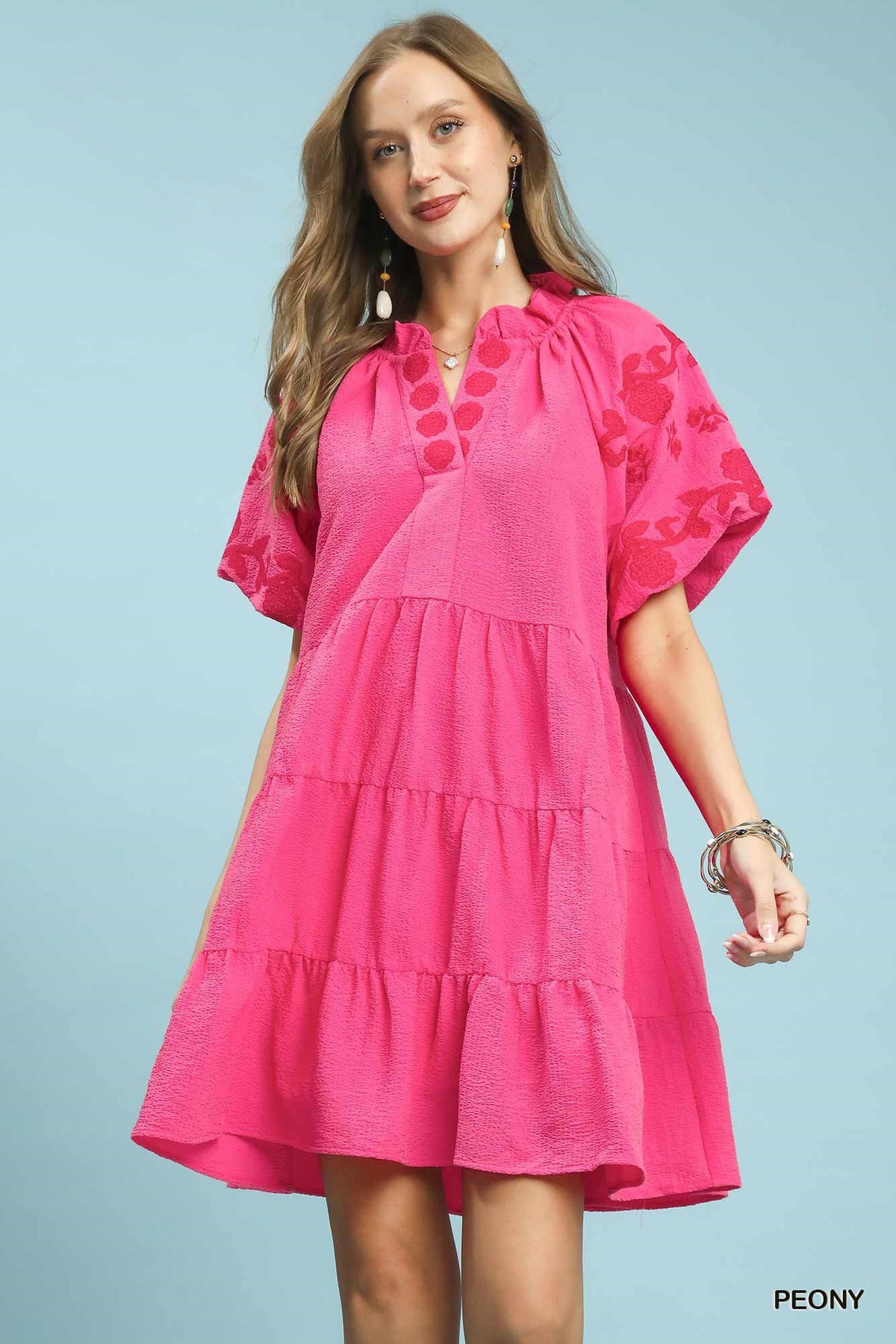 Umgee Embroidered Tiered Puff Sleeve Mini Dress