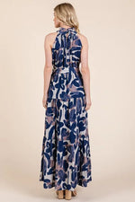 Lime 'N' Chili Abstract Halter Neck Tie-Waist Tiered Maxi Dress