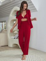 Short Sleeve Shirt, Bralette, and Pants Lounge Set - Ladyez