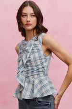 SO ME Plaid Sleeveless Ruffle Peplum Top