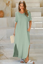 Slit Pocketed Short Sleeve Dress - Ladyez