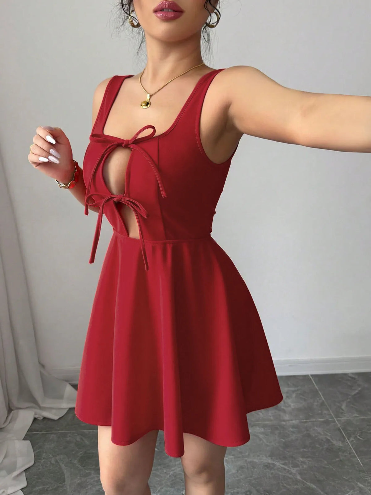 Tie Front Wide Strap Dress - Ladyez