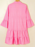 Stripe Flare Sleeve Half Placket Tiered Flowy Mini Dress