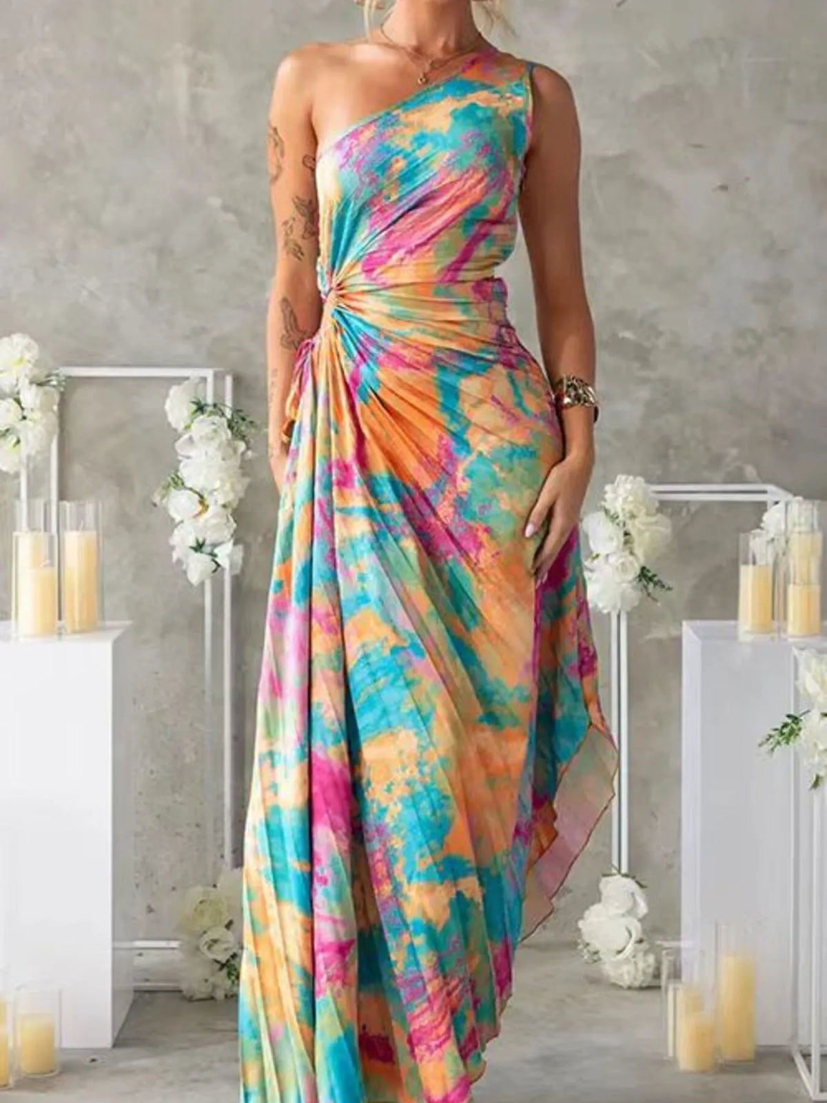 Printed One Shoulder Asymmetrical Maxi Dress - Ladyez
