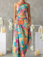 Printed One Shoulder Asymmetrical Maxi Dress - Ladyez