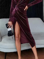 Velvet Ruched Slit Midi Dress