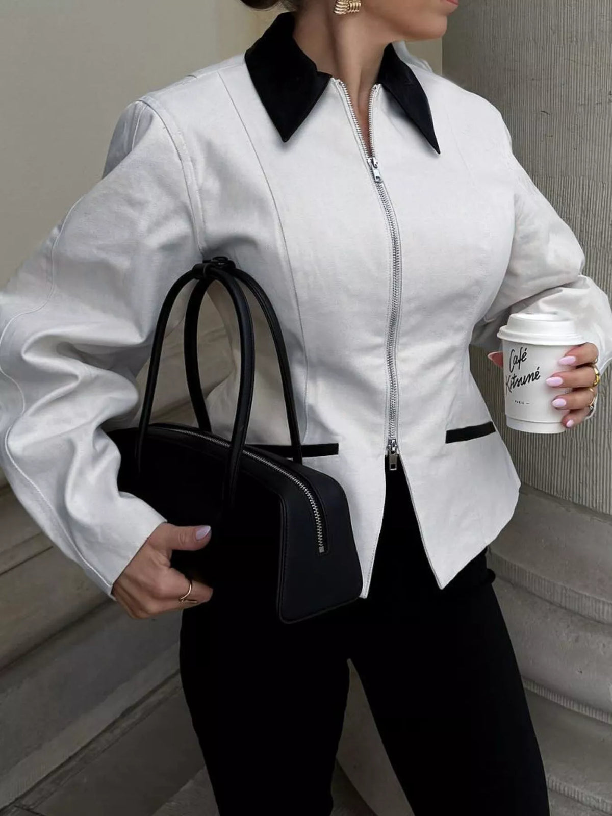 Contrast Collar Zip-Up Jacket