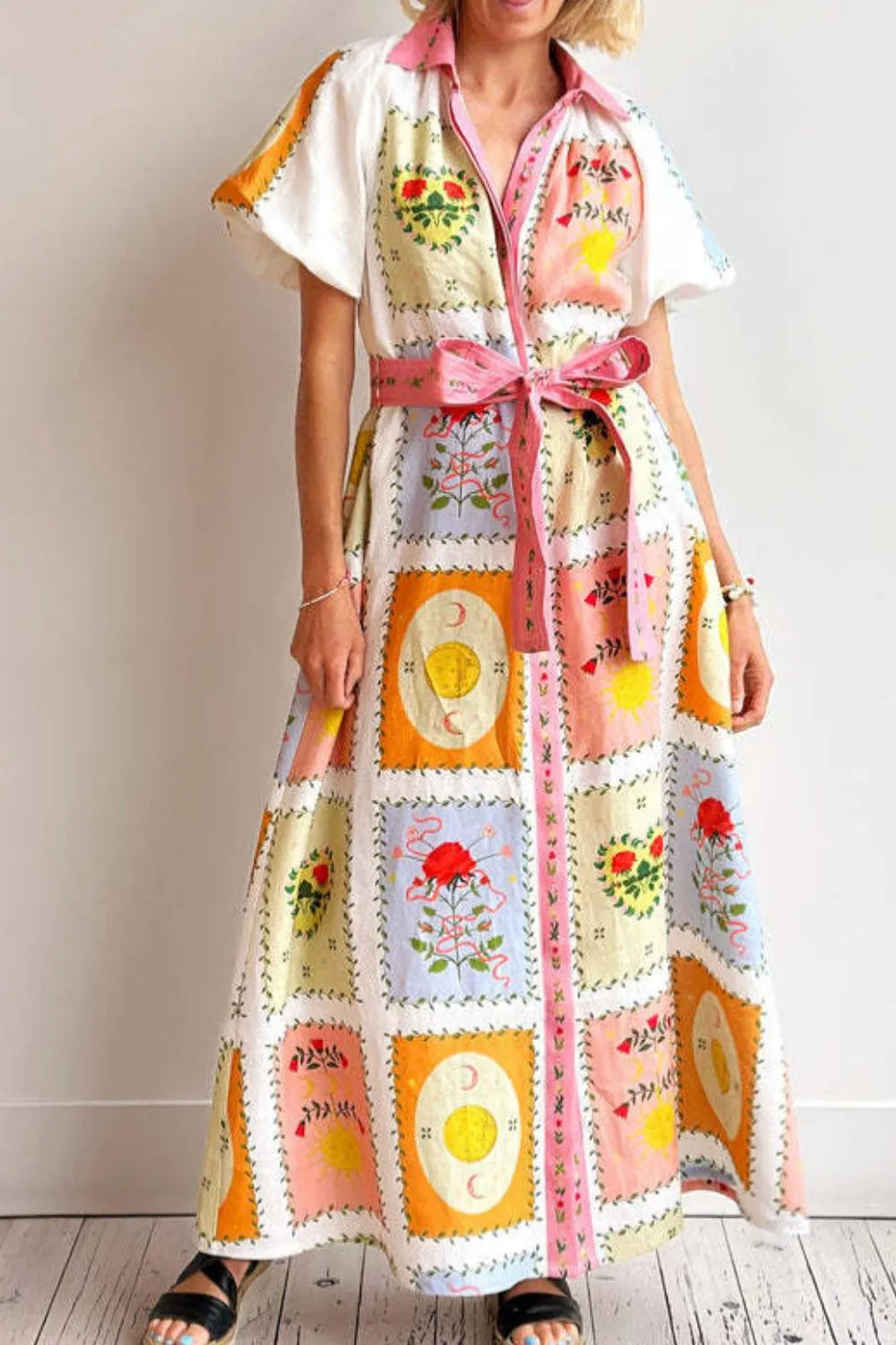 Printed Short Sleeve Belted Maxi Dress - Ladyez