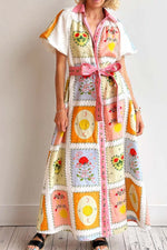 Printed Short Sleeve Belted Maxi Dress - Ladyez