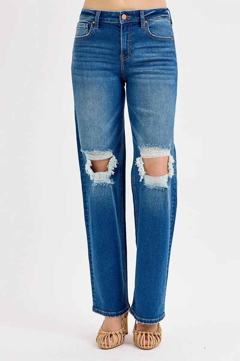 RISEN Full Size Mid Waist Fit Boyfriend Knee Distressed Jeans Plus Size - Ladyez