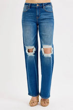 RISEN Full Size Mid Waist Fit Boyfriend Knee Distressed Jeans Plus Size - Ladyez