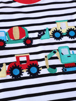 Children's Striped Long Sleeve T-Shirt with Construction Vehicle Appliques