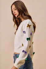 SO ME Mardi Gras Glitter Bow Ribbon Sweater Knit Top