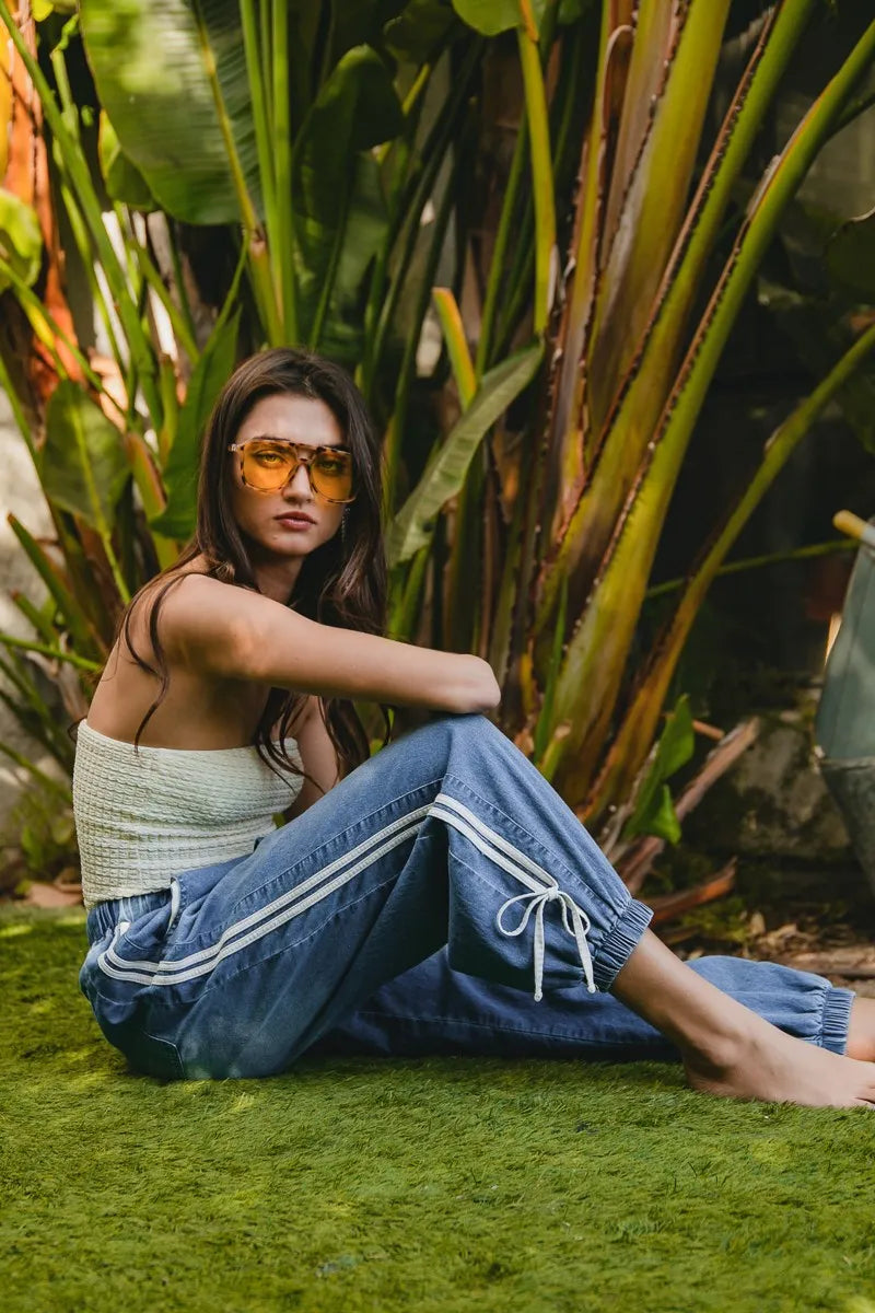BiBi Striped Tape Details With Bot Tied Point Elastic Waist Jeans - Ladyez