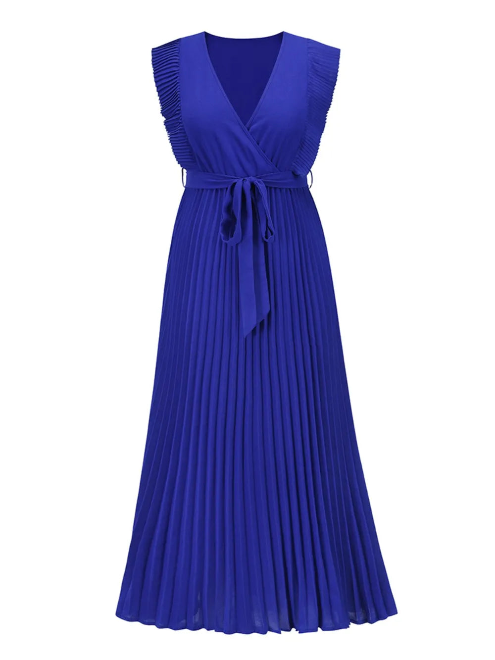 Tied Surplice Cap Sleeve Pleated Dress - Ladyez