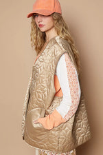 POL Front Zipper Floral Pattern Quilted Vest Coat with Front Pockets