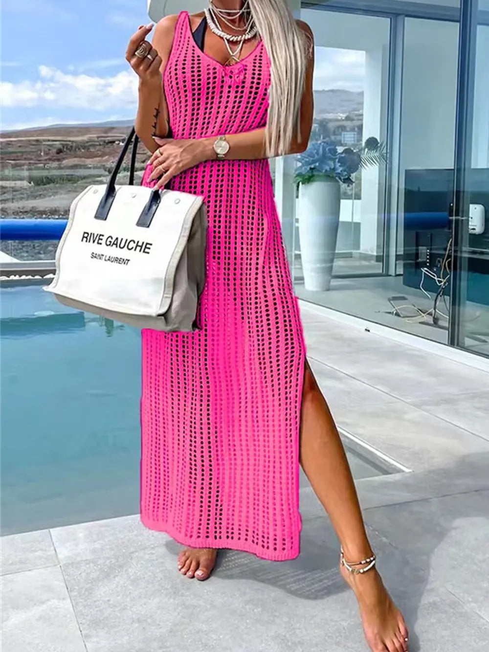 Openwork Slit Cutout Wide Strap Dress - Ladyez