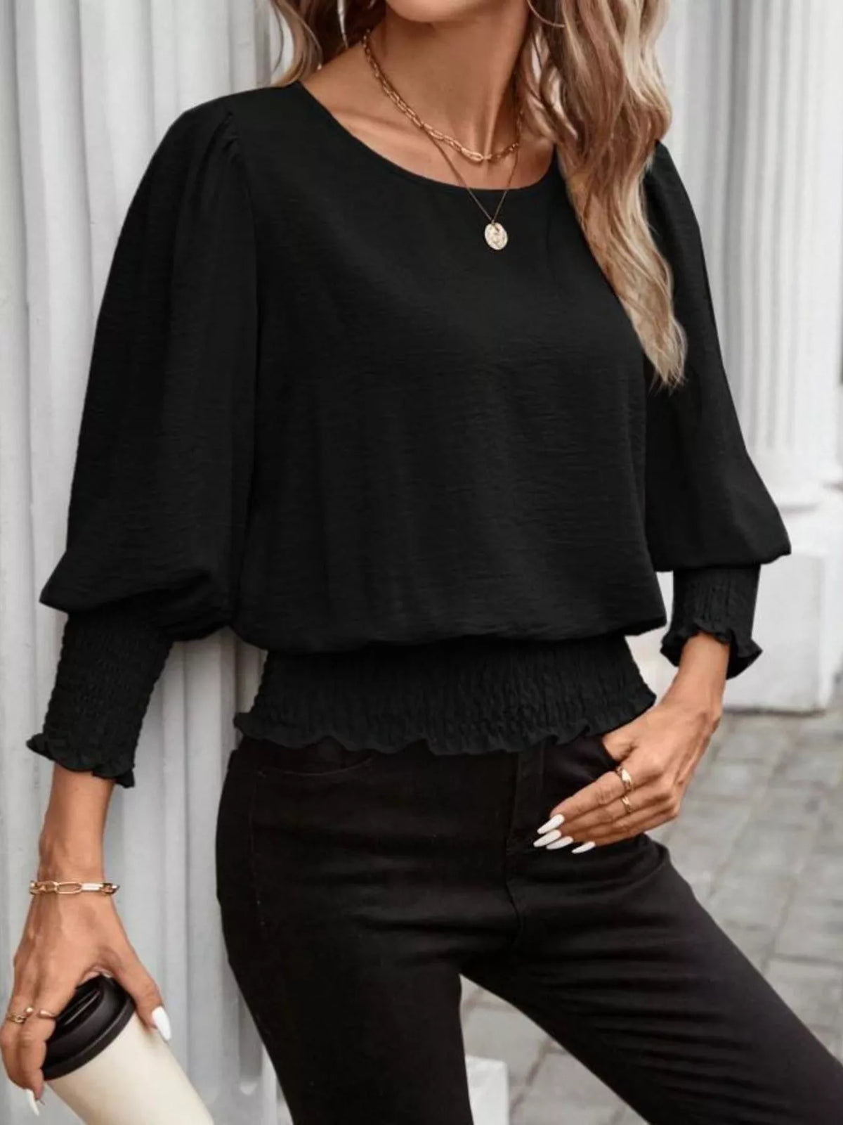 Smocked Waist Round Neck Blouse