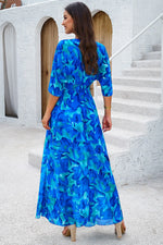 Devine Printed Tied Half Sleeve Slit Dress - Ladyez