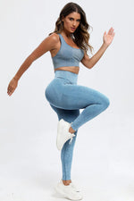 3 Piece Washed Square Neck Wide Strap Active Set - Ladyez