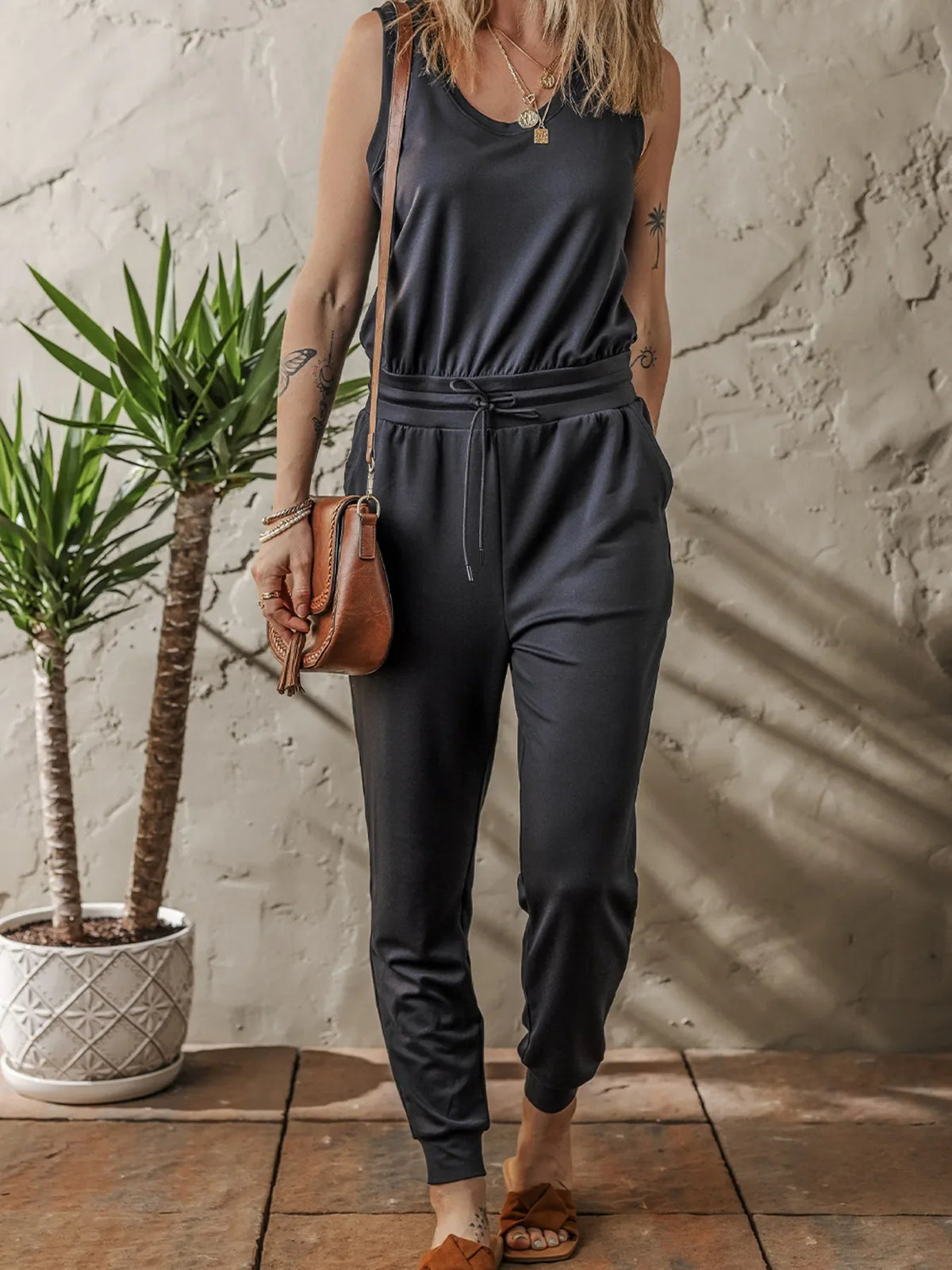 Tie Waist Sleeveless Jogger Jumpsuit
