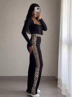 Leopard Trim Long Sleeve Jumpsuit