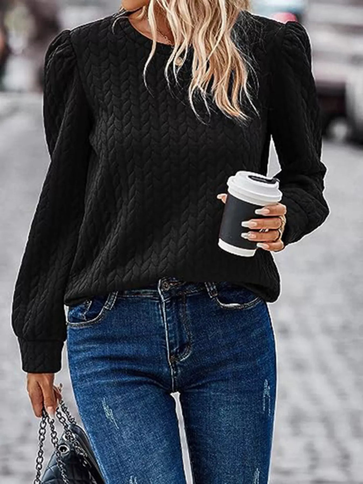 Texture Round Neck Long Sleeve Sweatshirt