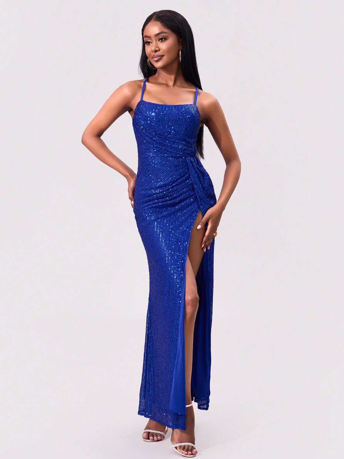 Slit Sequin Square Neck Spaghetti Strap Dress - Ladyez