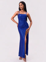 Slit Sequin Square Neck Spaghetti Strap Dress - Ladyez