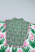 Multicolour Floral Print Puff Sleeve Contrast Bordered V Neck Blouse