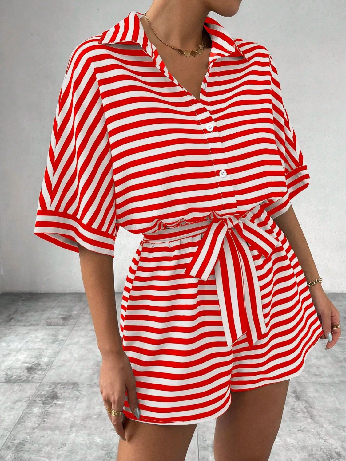 Tie Waist Half Button Striped Romper - Ladyez
