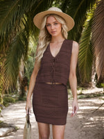 Openwork V-Neck Top and Skirt Knit Cover Up Set