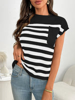 Striped Mock Neck Cap Sleeve Knit Top