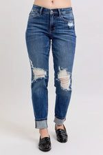 Judy Blue Full Size Mid Rise Boyfriend destroy Jeans with Yoke Pockets and Faux Selvedge Cuff Plus Size - Ladyez