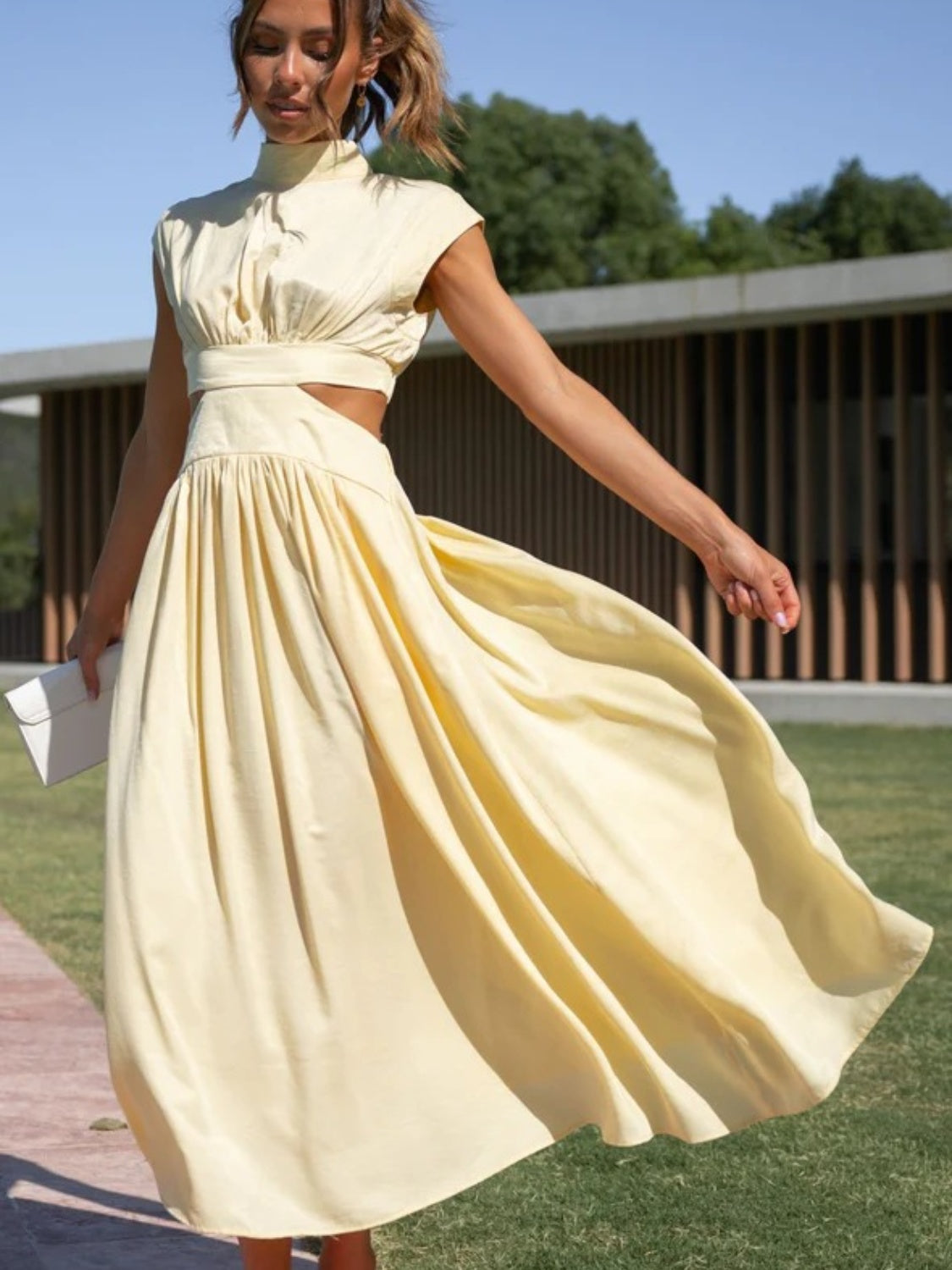 Cutout Mock Neck Sleeveless Ruched Dress - Ladyez