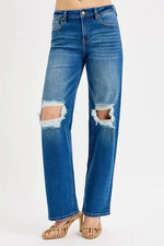RISEN Full Size Mid Waist Fit Boyfriend Knee Distressed Jeans Plus Size - Ladyez