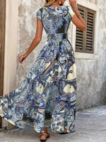 Printed V-Neck Cap Sleeve Maxi Dress